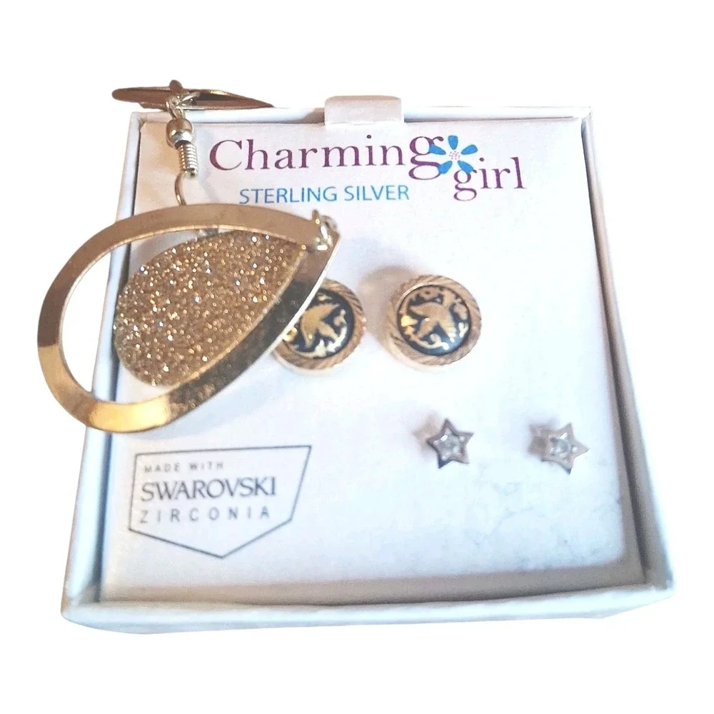 Charming Girl Sterling Silver Swarovski Zirconia Earrings Star Dove Sparkly NEW‎